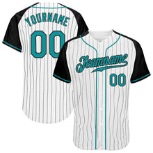 Load image into Gallery viewer, Custom White Black Pinstripe Teal-Black Authentic Raglan Sleeves Baseball Jersey