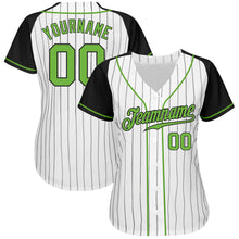 Load image into Gallery viewer, Custom White Black Pinstripe Neon Green-Black Authentic Raglan Sleeves Baseball Jersey