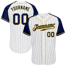Load image into Gallery viewer, Custom White Navy Pinstripe Navy-Gold Authentic Raglan Sleeves Baseball Jersey