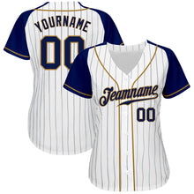 Load image into Gallery viewer, Custom White Navy Pinstripe Navy-Old Gold Authentic Raglan Sleeves Baseball Jersey