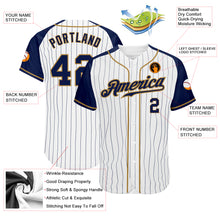 Load image into Gallery viewer, Custom White Navy Pinstripe Navy-Old Gold Authentic Raglan Sleeves Baseball Jersey