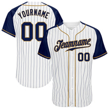 Load image into Gallery viewer, Custom White Navy Pinstripe Navy-Old Gold Authentic Raglan Sleeves Baseball Jersey