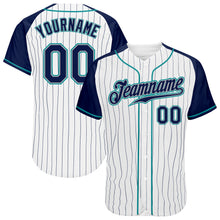 Load image into Gallery viewer, Custom White Navy Pinstripe Navy-Teal Authentic Raglan Sleeves Baseball Jersey
