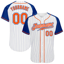 Load image into Gallery viewer, Custom White Royal Pinstripe Orange-Royal Authentic Raglan Sleeves Baseball Jersey