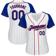 Load image into Gallery viewer, Custom White Royal Pinstripe Royal-Red Authentic Raglan Sleeves Baseball Jersey
