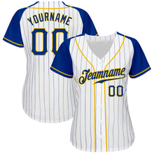 Load image into Gallery viewer, Custom White Royal Pinstripe Royal-Gold Authentic Raglan Sleeves Baseball Jersey