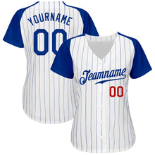 Load image into Gallery viewer, Custom White Royal Pinstripe Royal-Red Authentic Raglan Sleeves Baseball Jersey