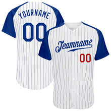 Load image into Gallery viewer, Custom White Royal Pinstripe Royal-Red Authentic Raglan Sleeves Baseball Jersey