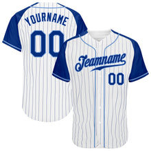Load image into Gallery viewer, Custom White Royal Pinstripe Royal-Light Blue Authentic Raglan Sleeves Baseball Jersey