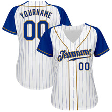Load image into Gallery viewer, Custom White Royal Pinstripe Royal-Old Gold Authentic Raglan Sleeves Baseball Jersey