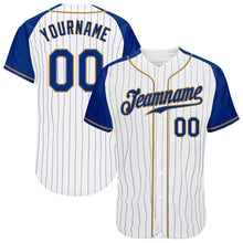 Load image into Gallery viewer, Custom White Royal Pinstripe Royal-Old Gold Authentic Raglan Sleeves Baseball Jersey