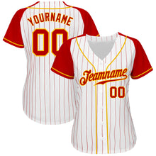Load image into Gallery viewer, Custom White Red Pinstripe Red-Gold Authentic Raglan Sleeves Baseball Jersey