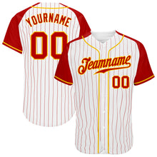 Load image into Gallery viewer, Custom White Red Pinstripe Red-Gold Authentic Raglan Sleeves Baseball Jersey