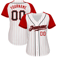 Load image into Gallery viewer, Custom White Red Pinstripe Black-Red Authentic Raglan Sleeves Baseball Jersey