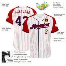 Load image into Gallery viewer, Custom White Red Pinstripe Navy-Red Authentic Raglan Sleeves Baseball Jersey