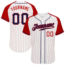 Load image into Gallery viewer, Custom White Red Pinstripe Navy-Red Authentic Raglan Sleeves Baseball Jersey