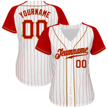 Load image into Gallery viewer, Custom White Red Pinstripe Red-Old Gold Authentic Raglan Sleeves Baseball Jersey
