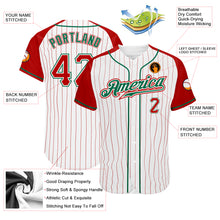 Load image into Gallery viewer, Custom White Red Pinstripe Red-Kelly Green Authentic Raglan Sleeves Baseball Jersey
