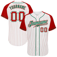 Load image into Gallery viewer, Custom White Red Pinstripe Red-Kelly Green Authentic Raglan Sleeves Baseball Jersey