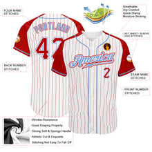 Load image into Gallery viewer, Custom White Red Pinstripe Red-Light Blue Authentic Raglan Sleeves Baseball Jersey