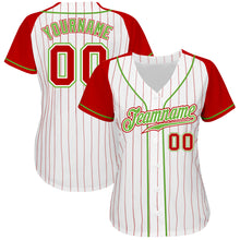 Load image into Gallery viewer, Custom White Red Pinstripe Red-Neon Green Authentic Raglan Sleeves Baseball Jersey