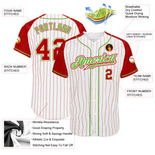 Load image into Gallery viewer, Custom White Red Pinstripe Red-Neon Green Authentic Raglan Sleeves Baseball Jersey