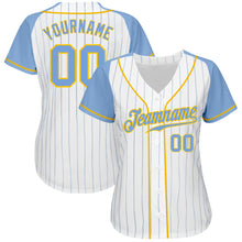 Load image into Gallery viewer, Custom White Light Blue Pinstripe Light Blue-Gold Authentic Raglan Sleeves Baseball Jersey