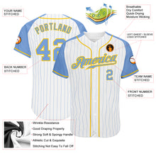 Load image into Gallery viewer, Custom White Light Blue Pinstripe Light Blue-Gold Authentic Raglan Sleeves Baseball Jersey
