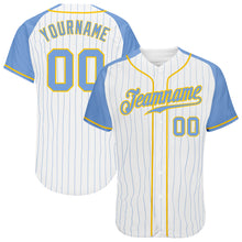 Load image into Gallery viewer, Custom White Light Blue Pinstripe Light Blue-Gold Authentic Raglan Sleeves Baseball Jersey