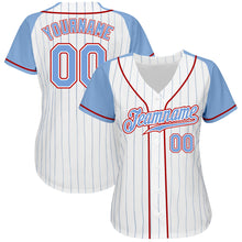Load image into Gallery viewer, Custom White Light Blue Pinstripe Light Blue-Red Authentic Raglan Sleeves Baseball Jersey