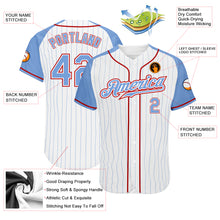 Load image into Gallery viewer, Custom White Light Blue Pinstripe Light Blue-Red Authentic Raglan Sleeves Baseball Jersey