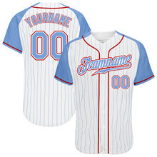 Load image into Gallery viewer, Custom White Light Blue Pinstripe Light Blue-Red Authentic Raglan Sleeves Baseball Jersey