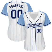 Load image into Gallery viewer, Custom White Light Blue Pinstripe Navy-Light Blue Authentic Raglan Sleeves Baseball Jersey