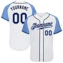 Load image into Gallery viewer, Custom White Light Blue Pinstripe Navy-Light Blue Authentic Raglan Sleeves Baseball Jersey