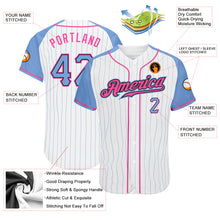 Load image into Gallery viewer, Custom White Light Blue Pinstripe Light Blue-Pink Authentic Raglan Sleeves Baseball Jersey