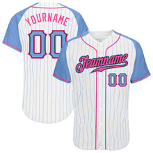 Load image into Gallery viewer, Custom White Light Blue Pinstripe Light Blue-Pink Authentic Raglan Sleeves Baseball Jersey