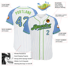 Load image into Gallery viewer, Custom White Light Blue Pinstripe Light Blue-Neon Green Authentic Raglan Sleeves Baseball Jersey