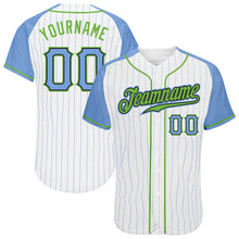 Load image into Gallery viewer, Custom White Light Blue Pinstripe Light Blue-Neon Green Authentic Raglan Sleeves Baseball Jersey