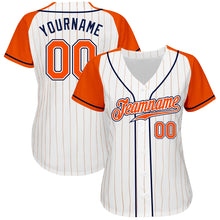 Load image into Gallery viewer, Custom White Orange Pinstripe Orange-Navy Authentic Raglan Sleeves Baseball Jersey
