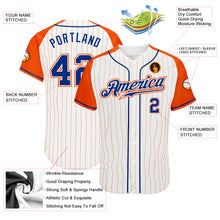 Load image into Gallery viewer, Custom White Orange Pinstripe Royal-Orange Authentic Raglan Sleeves Baseball Jersey