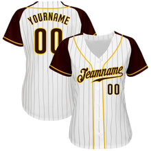 Load image into Gallery viewer, Custom White Brown Pinstripe Brown-Gold Authentic Raglan Sleeves Baseball Jersey