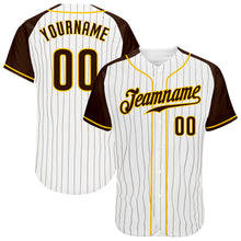 Load image into Gallery viewer, Custom White Brown Pinstripe Brown-Gold Authentic Raglan Sleeves Baseball Jersey