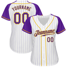 Load image into Gallery viewer, Custom White Purple Pinstripe Purple-Gold Authentic Raglan Sleeves Baseball Jersey