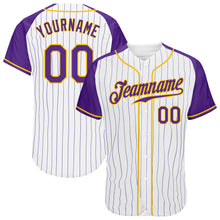 Load image into Gallery viewer, Custom White Purple Pinstripe Purple-Gold Authentic Raglan Sleeves Baseball Jersey