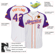 Load image into Gallery viewer, Custom White Purple Pinstripe Purple-Orange Authentic Raglan Sleeves Baseball Jersey
