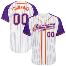 Load image into Gallery viewer, Custom White Purple Pinstripe Purple-Orange Authentic Raglan Sleeves Baseball Jersey