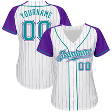Load image into Gallery viewer, Custom White Purple Pinstripe Teal-Purple Authentic Raglan Sleeves Baseball Jersey