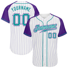 Load image into Gallery viewer, Custom White Purple Pinstripe Teal-Purple Authentic Raglan Sleeves Baseball Jersey