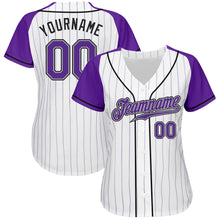 Load image into Gallery viewer, Custom White Purple Pinstripe Purple-Gray Authentic Raglan Sleeves Baseball Jersey