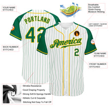 Load image into Gallery viewer, Custom White Kelly Green Pinstripe Kelly Green-Gold Authentic Raglan Sleeves Baseball Jersey